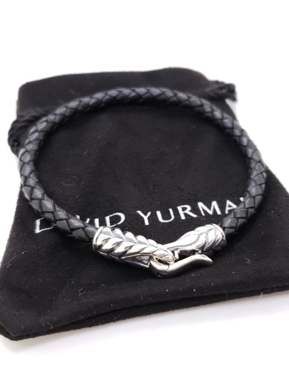 DAVID YURMAN Sterling Silver 925 Black Leather Chevron Woven Bracelet 8" Inch